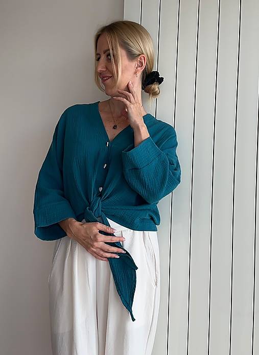 Topy, tričká, tielka - Top na gombíky mušelín petrolej Poppy - 17604122_