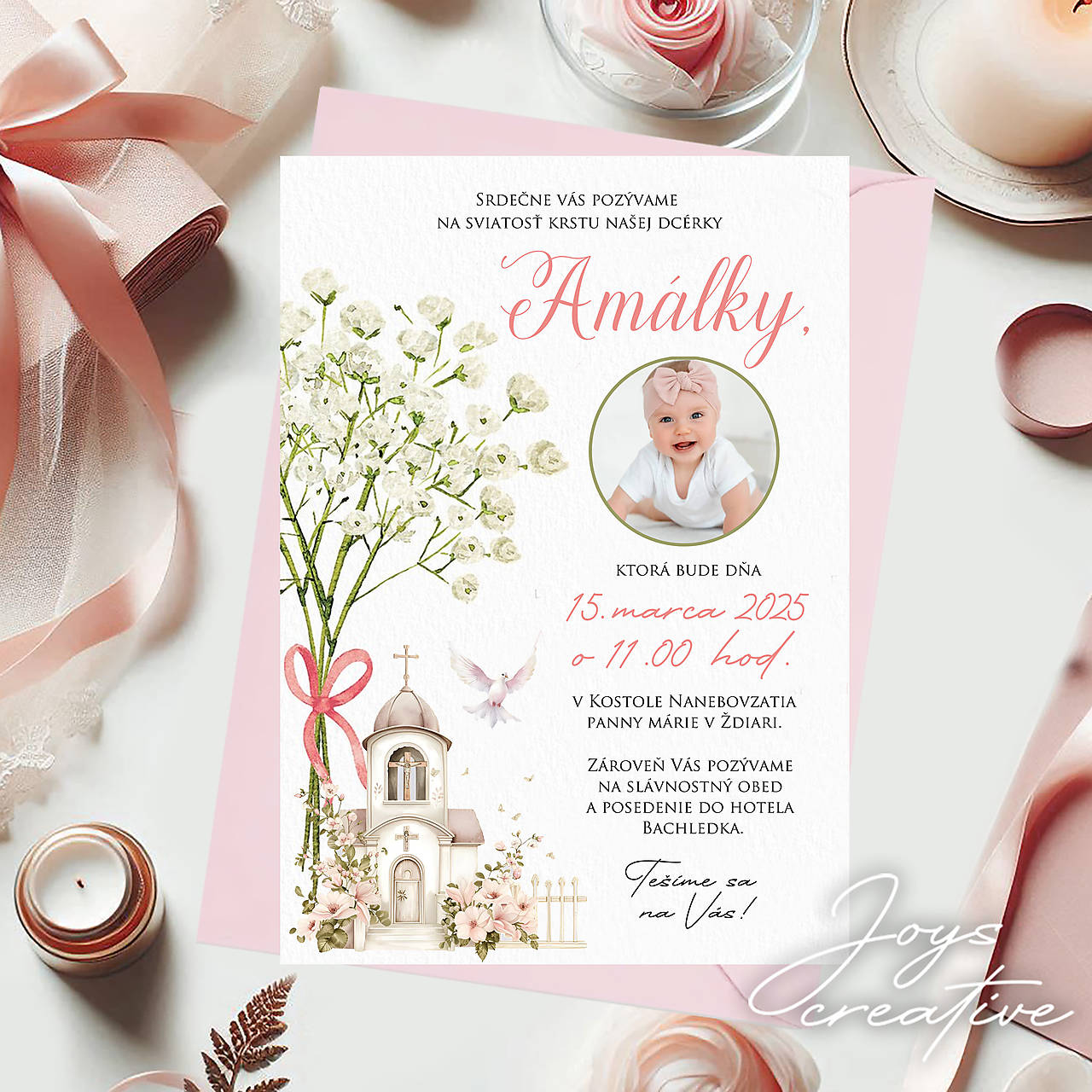 Krstinová pozvánka s fotkou a gypsou