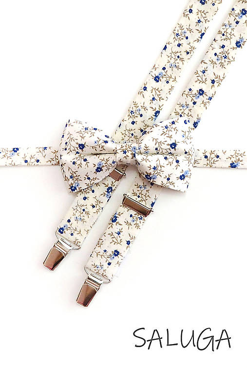 Pánske doplnky - Pánsky motýlik a traky - ivory - smotanový - kvetinový - 17605244_