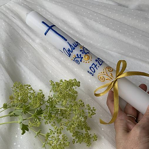 Ručne maľovaná krstná svieca s personalizáciou – 35 cm, biely vosk