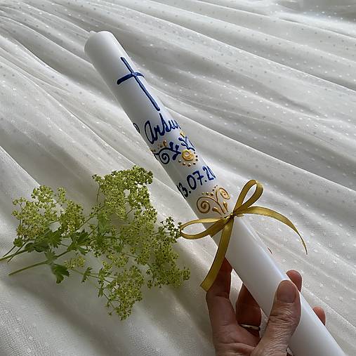 Ručne maľovaná krstná svieca s personalizáciou – 35 cm, biely vosk