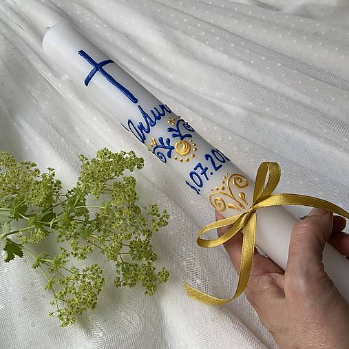 Ručne maľovaná krstná svieca s personalizáciou – 35 cm, biely vosk