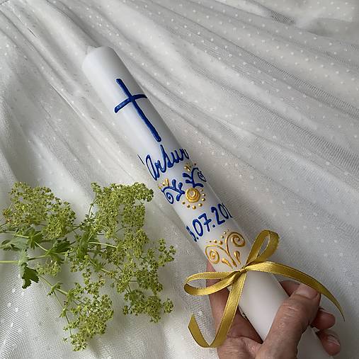 Ručne maľovaná krstná svieca s personalizáciou – 35 cm, biely vosk