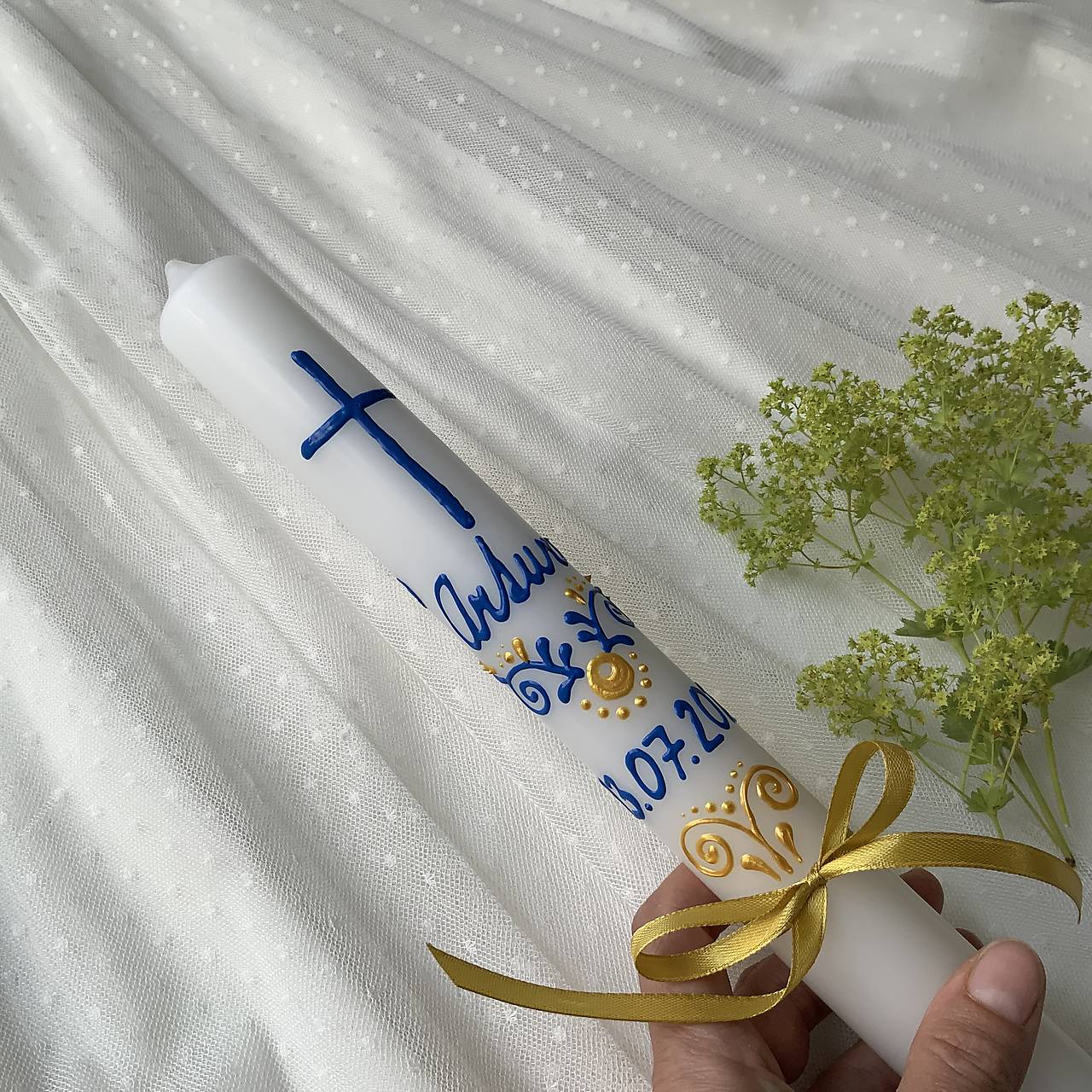 Ručne maľovaná krstná svieca s personalizáciou – 35 cm, biely vosk