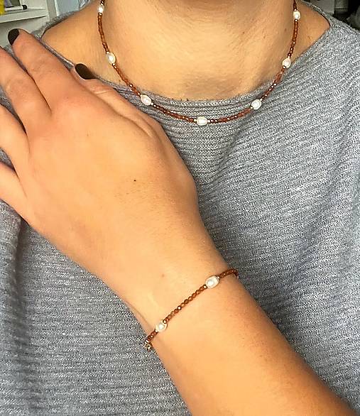 Luxury Garnet Hessonite and Pearls Set Stainless Steel / Set náhrdelníka a náramku granát, perly  E008