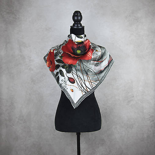 Šatky - Hodvábna šatka MAK VLČÍ - SIVÝ, 90 x 90cm - 17606616_