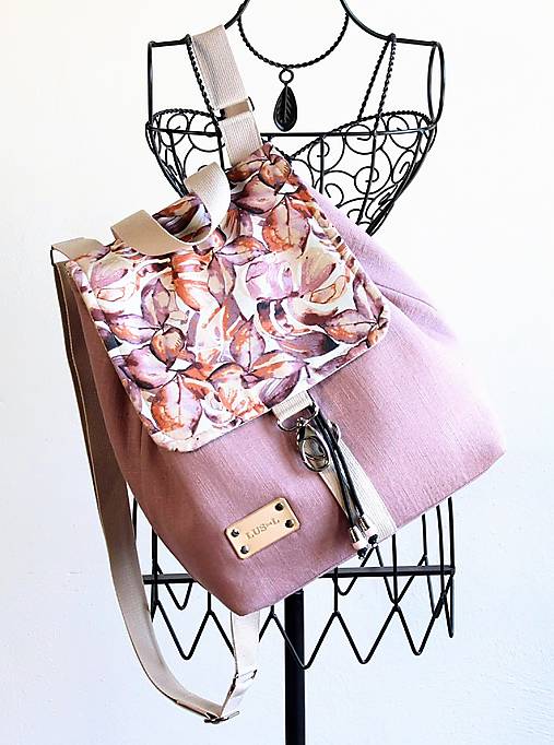 Batohy - Ľanový batôžtek *Mauve&Leafs* - 17607023_