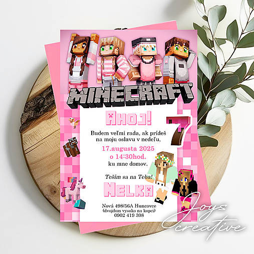 Detská pozvánka na narodeniny MINECRAFT pre dievča (bez fotky)