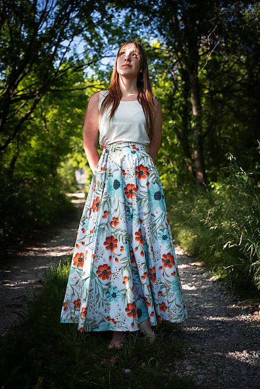 Sukne - MAXI KOLOVÁ SUKNĚ ZAVINOVACÍ - ORANŽ KVĚTY 5D - 17607616_