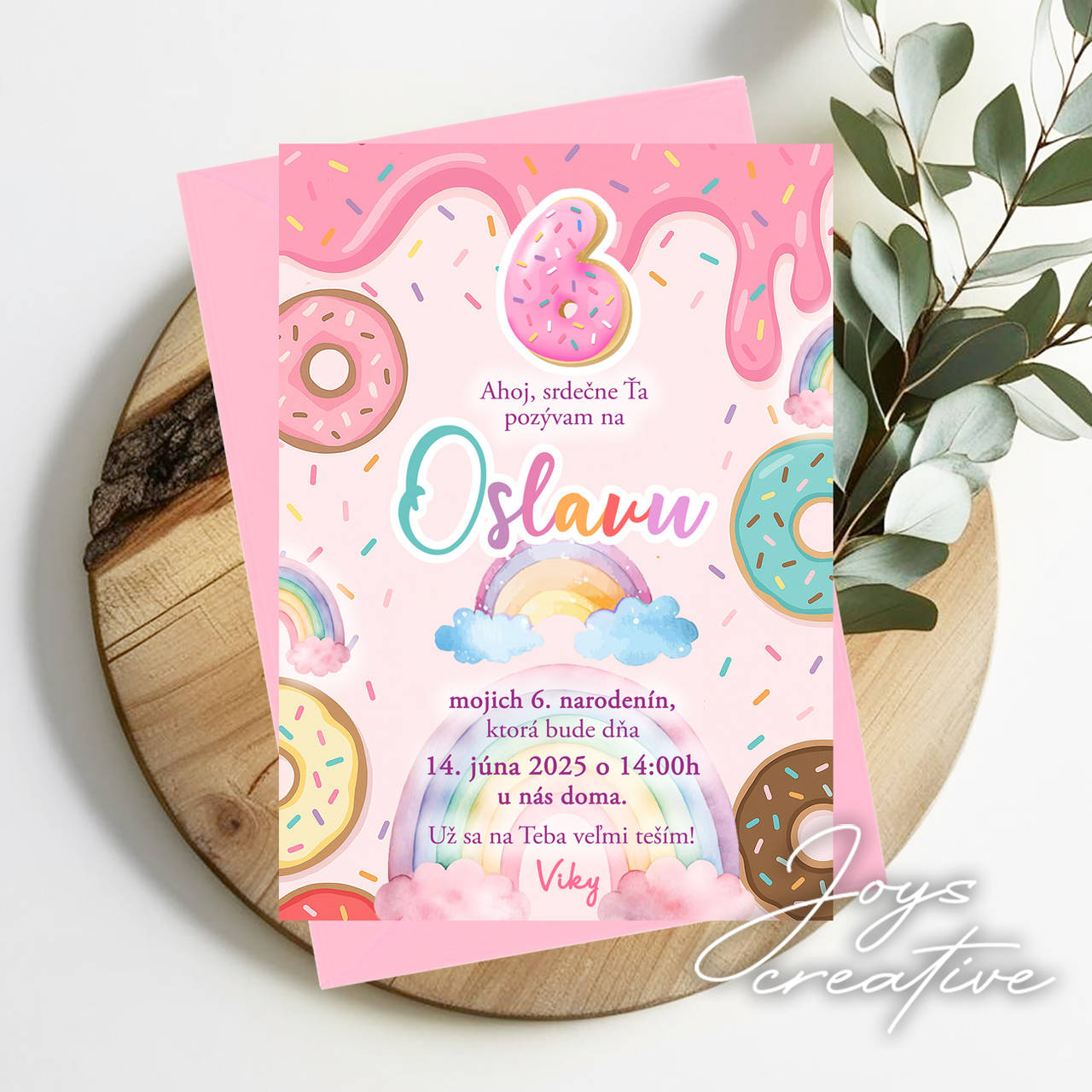 Detská pozvánka na narodeniny s donutmi a dúhou