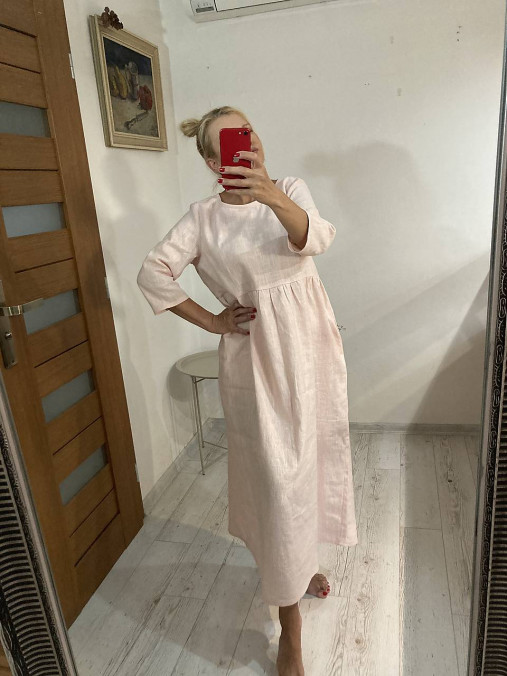 Šaty - MAXI Ľanové Šaty s 3/4 Rukávmi /LIGHT SALMON/ - 17613437_