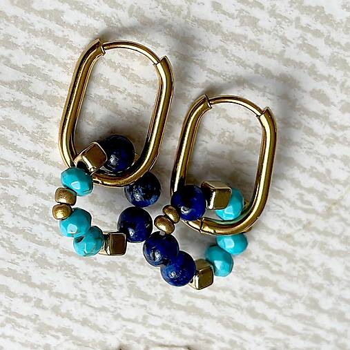 Tyrkenite and Lapis Lazuli Steel Gold Earrings / Náušnice lapis, tyrkenit, oceľ E008