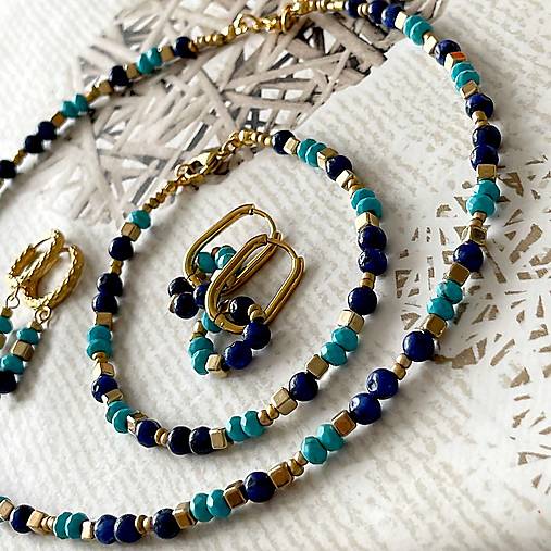 Tyrkenite and Lapis Lazuli Steel Gold Earrings / Náušnice lapis, tyrkenit, oceľ E008