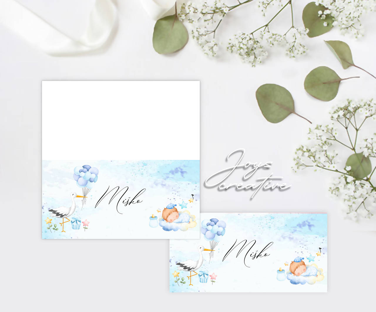 Skladacie menovky na krstiny (bocian s balónmi a bábätko chlapček)