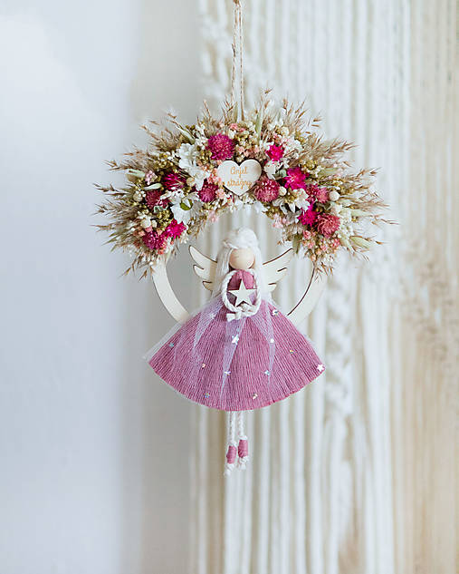 Dekorácie - Anjel strážny s kvetmi (Rúžový) - 17620974_