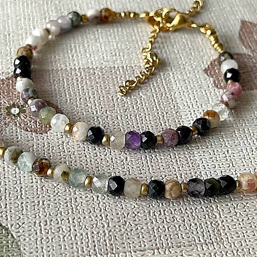 Multi Gemstones Steel Gold Bracelet / Náramok mix minerálov, oceľ E007