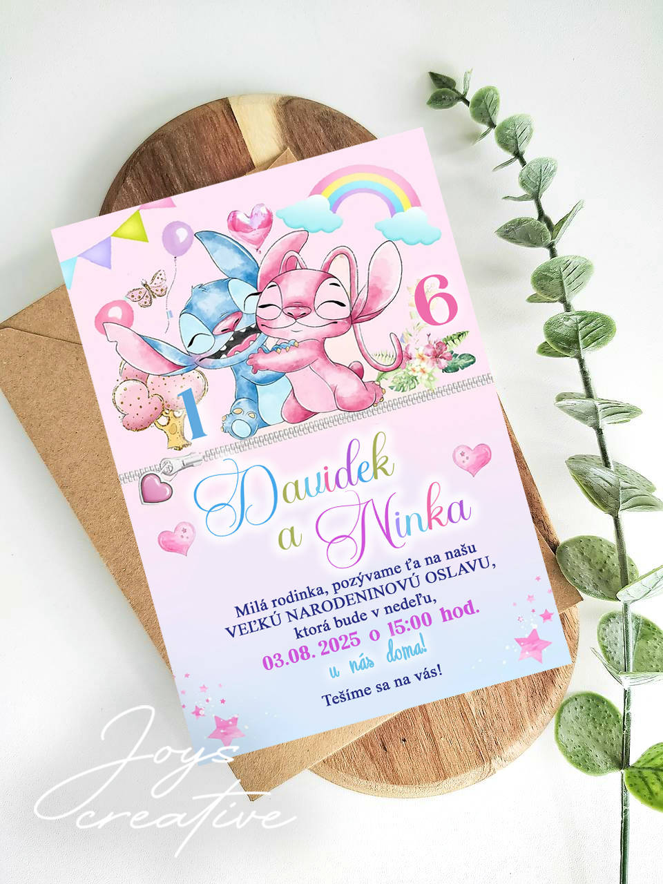 Narodeninová pozvánka Stitch  (stitch a angel spoločná oslava)