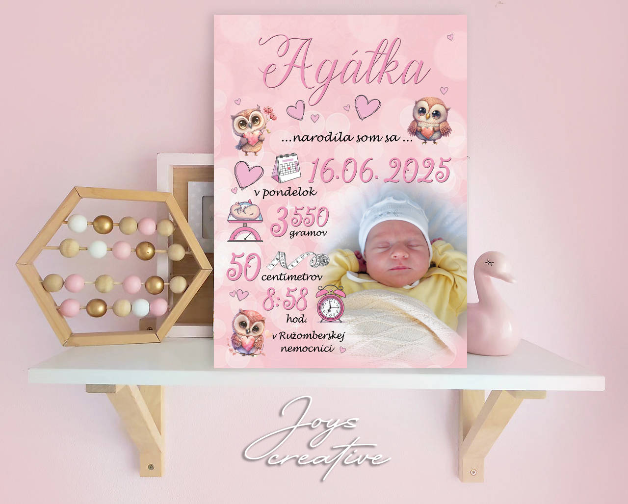 Tabuľka pre bábätko s údajmi o narodení sovičky (cca a4 - 27x19cm)