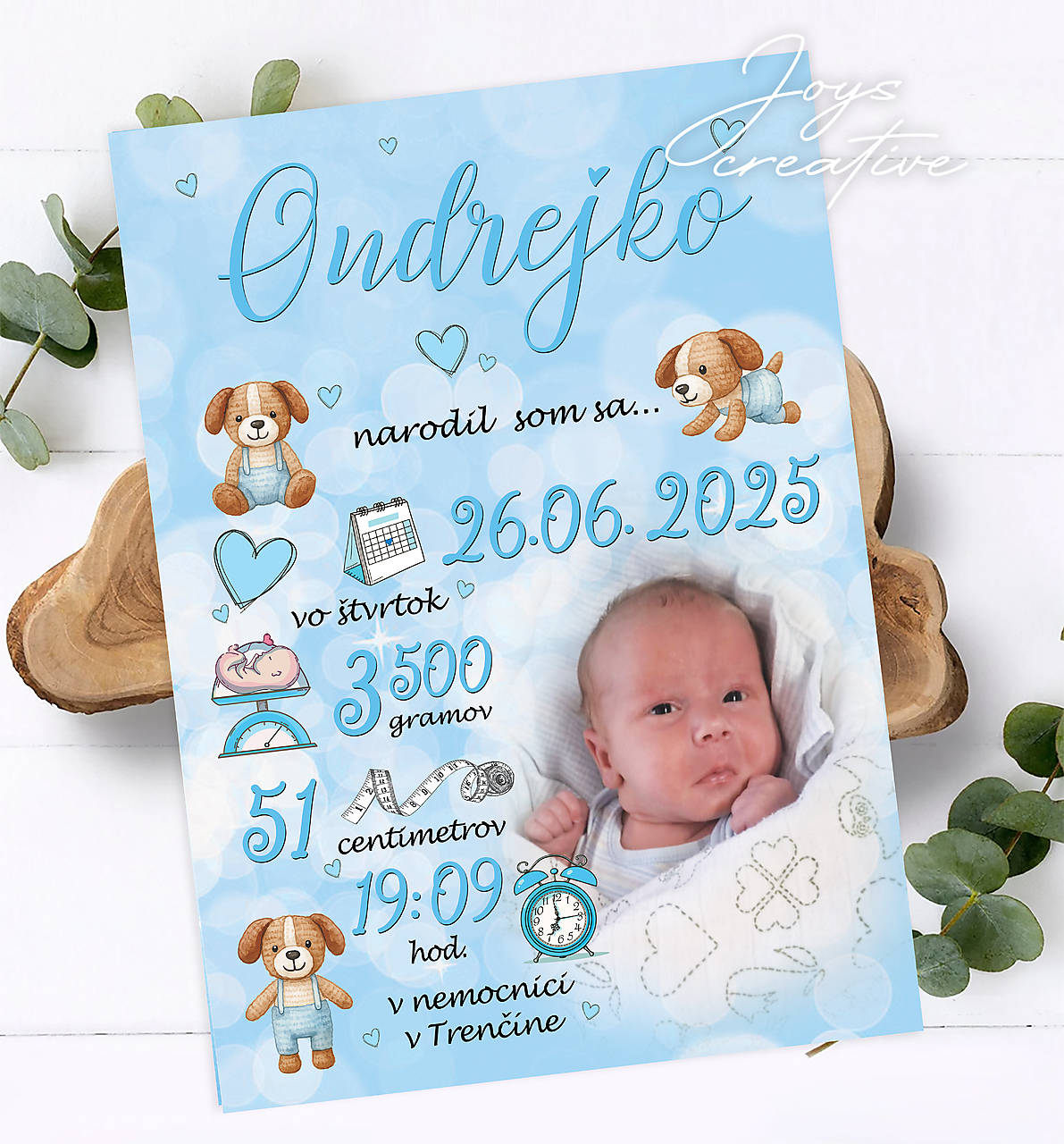 Tabuľka pre bábätko údajmi o narodení dieťatka so psíkmi (27x19 cca A4)