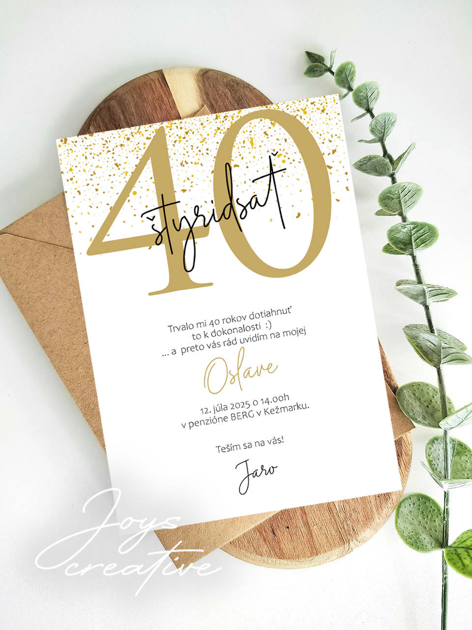 Minimalistická pozvánka  s glitrami na 40. narodeniny B11
