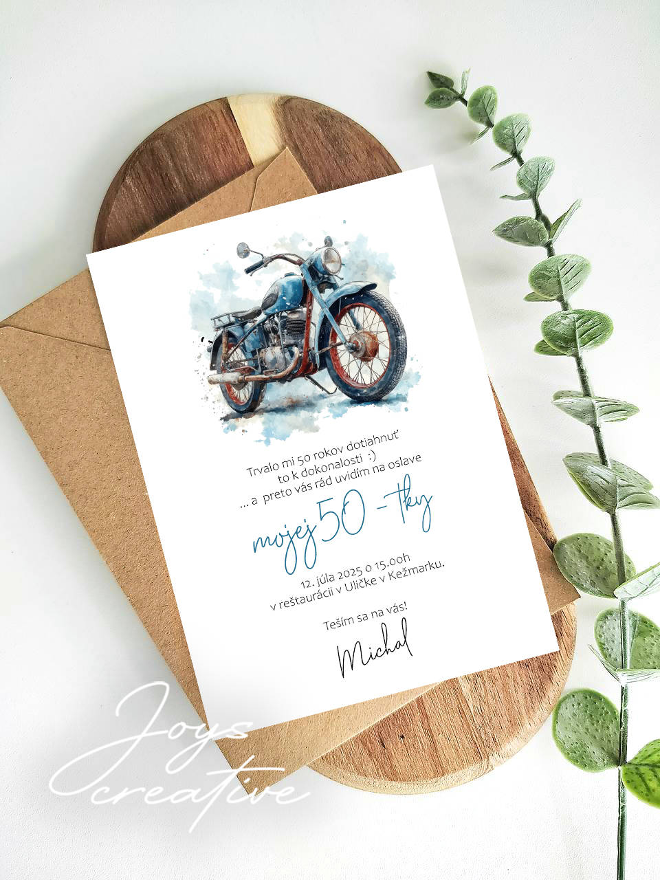 Minimalistická pozvánka pre chlapa s motorkou B12 (modrá)