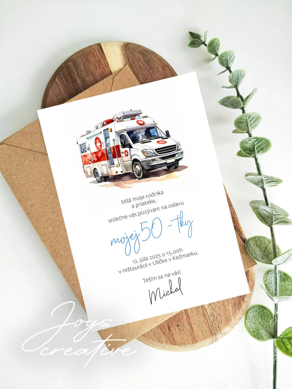 Minimalistická pozvánka pre záchranára so sanitkou B13