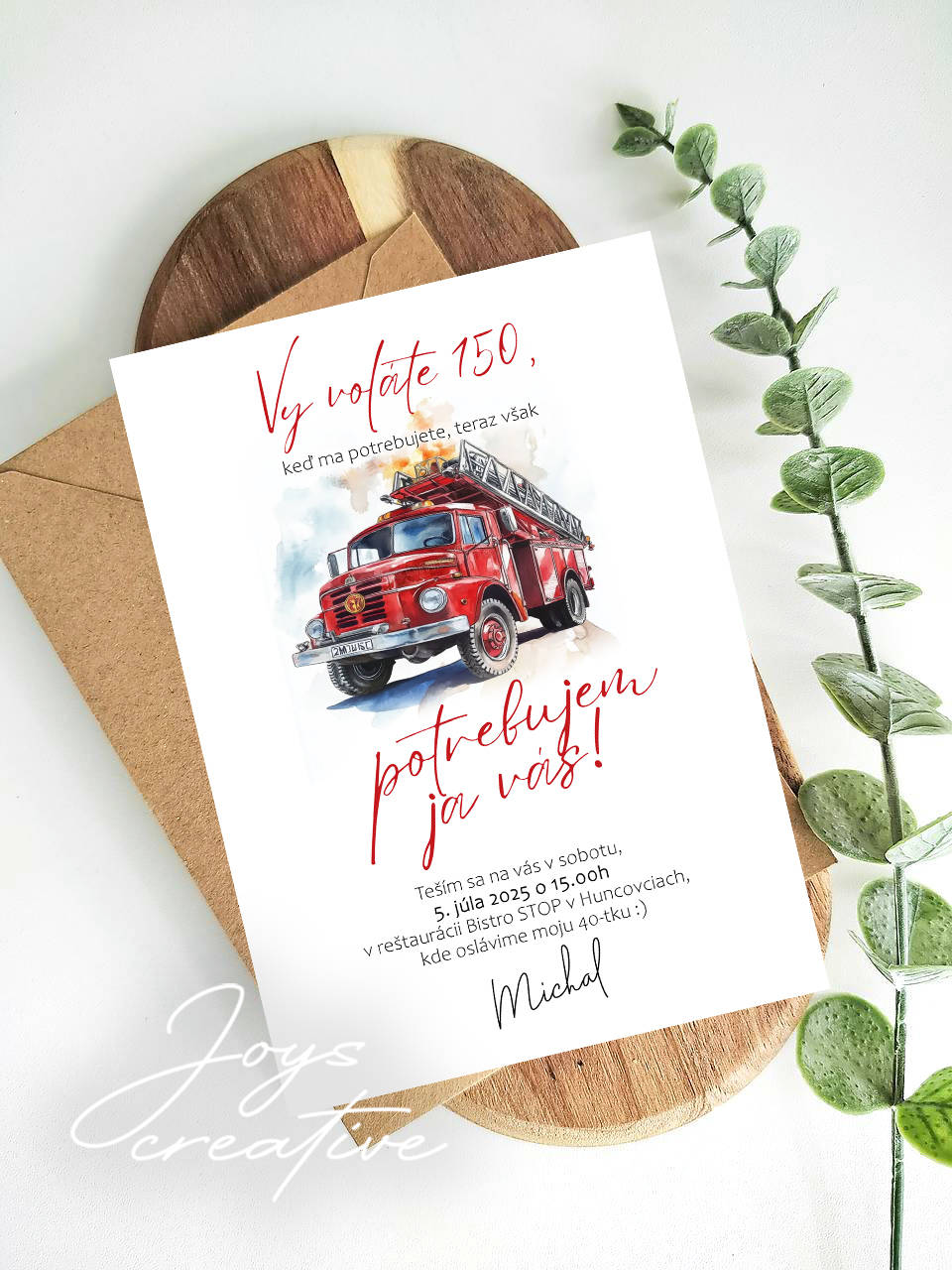 Pozvánka pre hasiča s hasičským autom B15