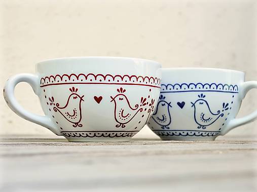 Nádoby - Porcelánové šálky - Vtáčiky folklór (svadobný dar) (350 ml (nízky typ)) - 17634370_