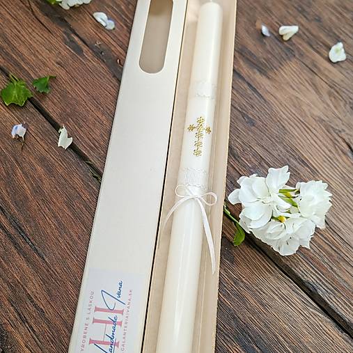 Sviečky - Sviečka zlatý krížik s bielou, na krst, na prvé sväté prijímanie s chránitkom - 17641607_