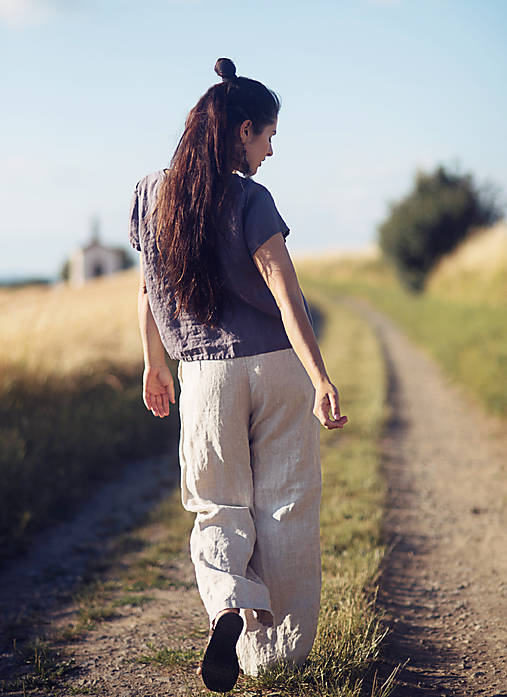 Nohavice - Lněné kalhoty široké režné - 17645555_