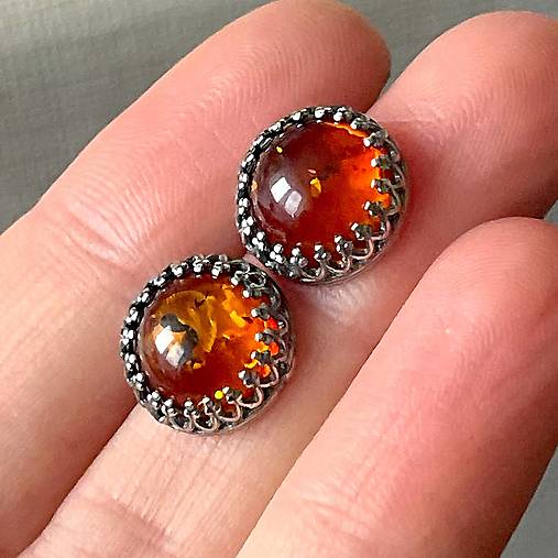 ZĽAVA 10% Amber Ag925 Stud Filigree Earrings / Strieborné filigránové náušnice s prírodným jantárom A0028