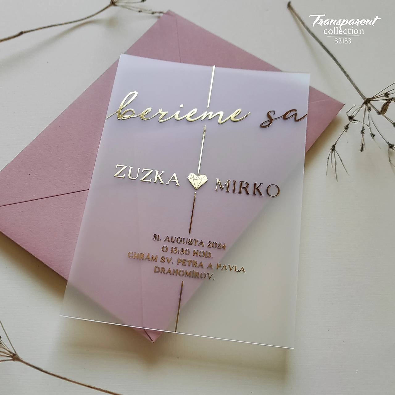 Svadobné oznámenia - zlatá na mliečnom plaste 32133