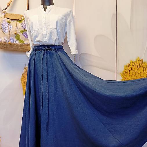 Sukne - Ľanová sukňa vo farbe nočnej oblohy - 17662516_
