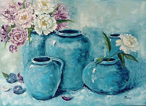 Obrazy - Tyrkysové džbány s pivonkami - 17664132_