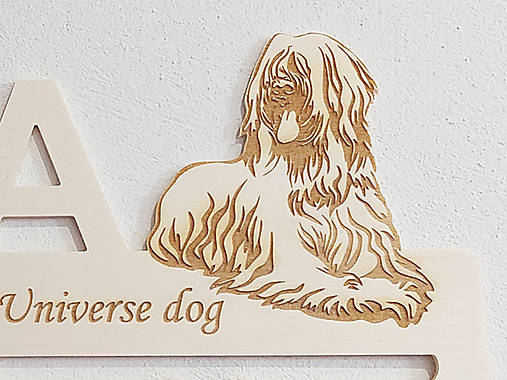 Drevený držiak na medaily s laserovaným textom 45cm psík Briard