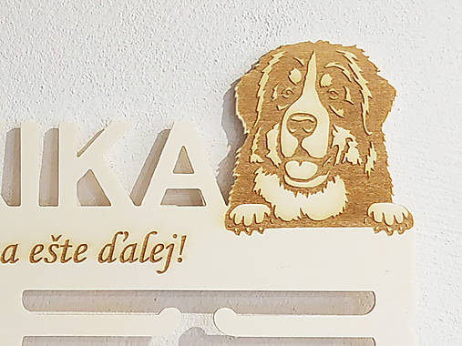 Drevený držiak na medaily s laserovaným textom 45cm psík Briard