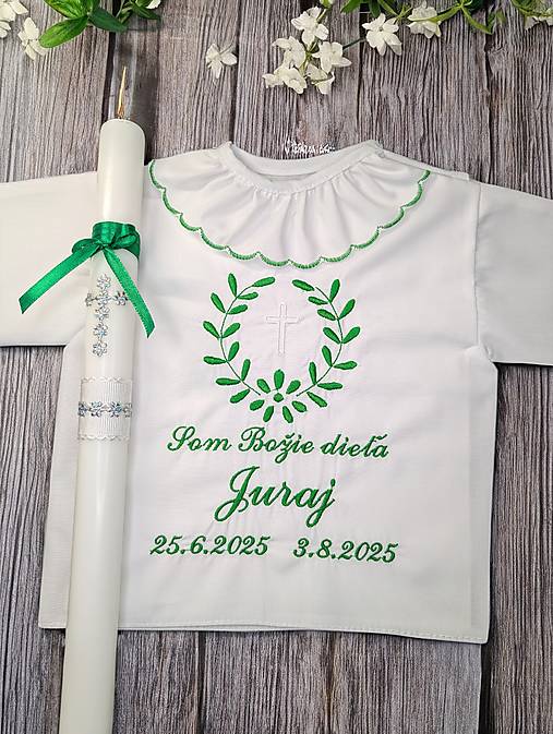 Detské oblečenie - krstová košieľka k10 zelená a sviečka na krst strieborný krížik so zelenou mašličkou - 17664370_