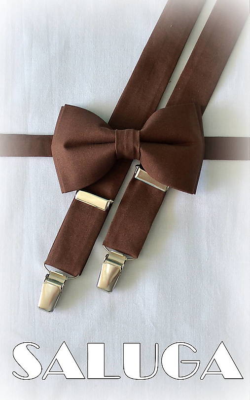 Pánske doplnky - Pánsky hnedý motýlik - čokoládový a traky - 17669940_