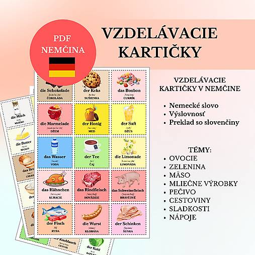 Hračky - NEMČINA pre deti – Jedlo | Edukačné vzdelávacie kartičky s obrázkami (4x PDF A4 na vytlačenie a vystrihnutie) - 17668584_