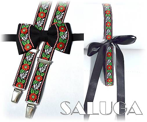 Pánske doplnky - Set pre pár - folklórny pánsky motýlik + traky + dámsky opasok - čierny - ľudový - 17670571_