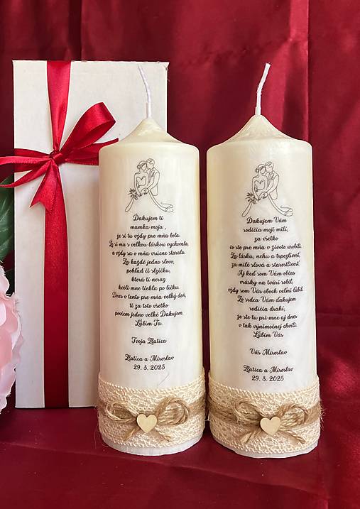 Sviečky - Poďakovanie svadobným rodičom Veľká sviečka s vlastným textom v darčekovej krabičke - 17675421_