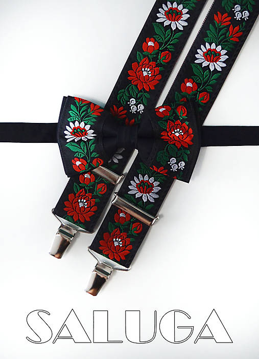 Pánske doplnky - Folklórny pánsky čierny motýlik a traky folk - 17682854_