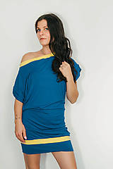 Šaty - Modré viskózové šaty s odhaleným chrbtom a žltými detailmi - 17688228_