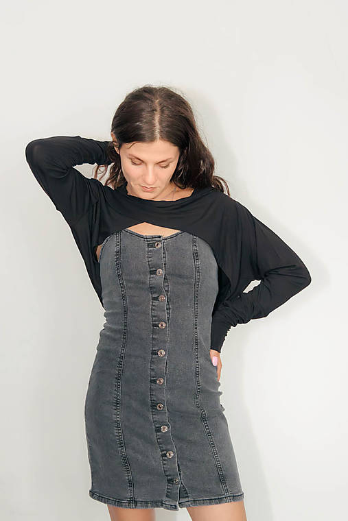 Svetre a kardigány - Čierne bavlnené asymetrické bolero - 17688154_