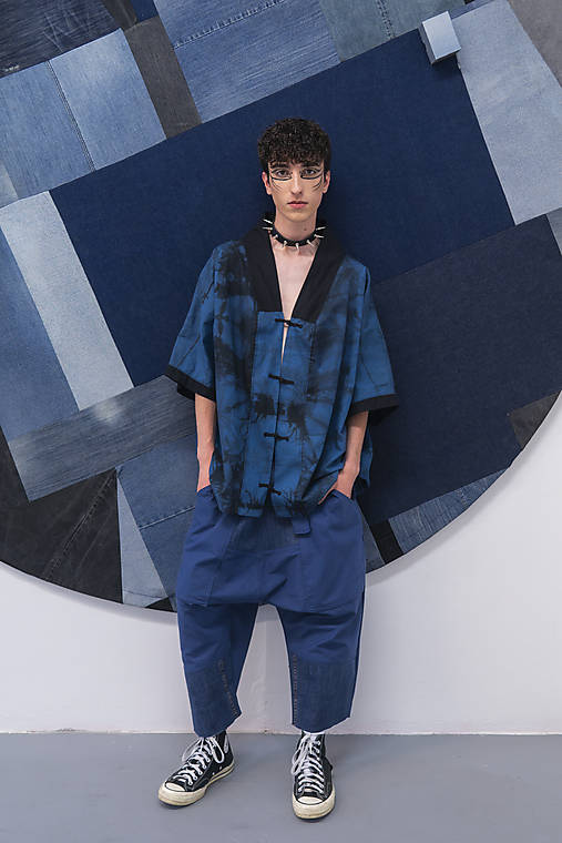 Kimoná - Unisex kimono shibori (M - Modrá) - 17690745_