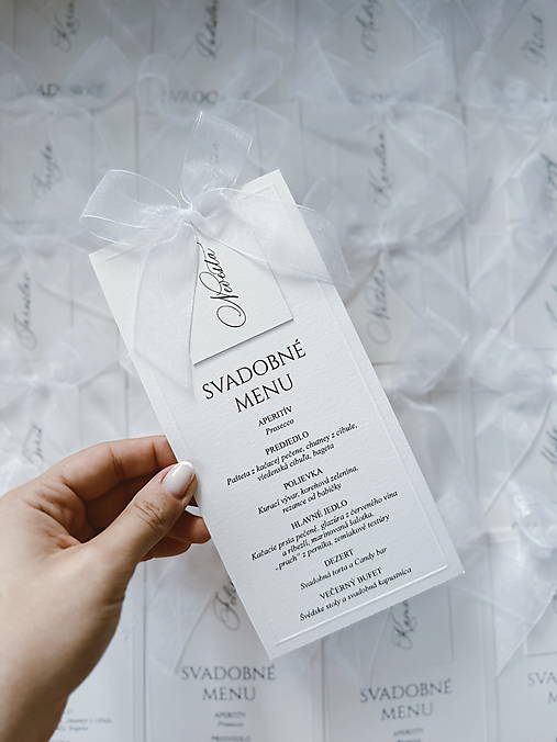 Papiernictvo - Svadobné menu DL s menovkou a mašľou - 17693307_