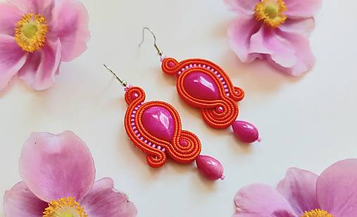 Náušnice - Raspberry & orange - Ručne šité šujtášové náušnice - Soutache earrings - 17693695_