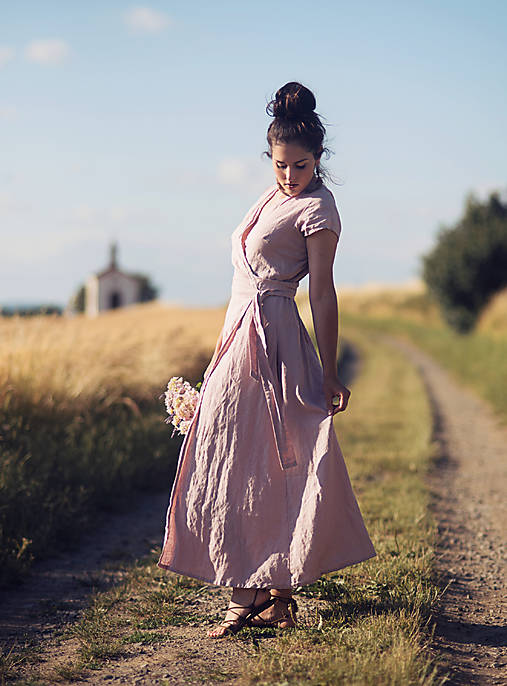 Šaty - Maxi lněné zavinovací Pudrové (XL) - 17694204_