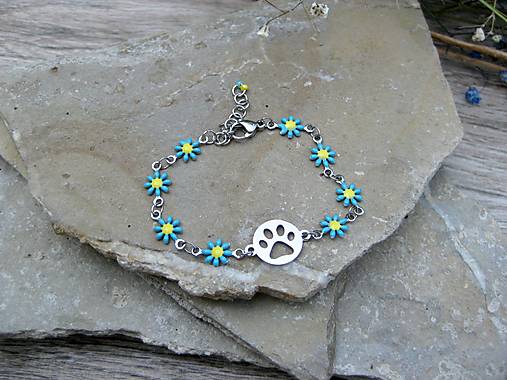 Náramky - Jemný nerezový náramok s kvietkami LABKA (tyrkysový, č.4310) - 17699215_