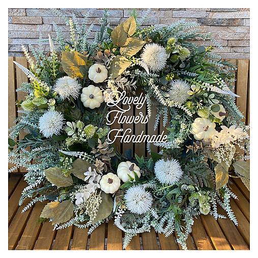 Dekorácie - Jesenný maxi veniec Biely vres a tekvičky 55-65 cm - 17702860_